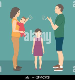 illustrazione vettoriale del genitore fumante. bambino, salute del bambino. fumo del padre sigaretta, dipendenza Illustrazione Vettoriale