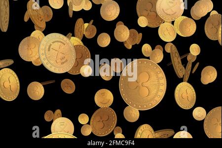 Ripple XRP simbolo criptovaluta moneta d'oro su sfondo verde dello schermo. Illustrazione 3d del concetto astratto. Foto Stock
