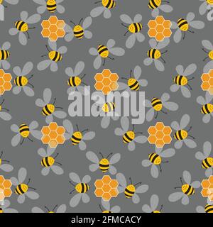 Motivo senza cuciture con api e nidi d'ape su sfondo a colori. Piccola vespe. Illustrazione vettoriale. Adorabile personaggio cartoon. Progettazione modello per Illustrazione Vettoriale