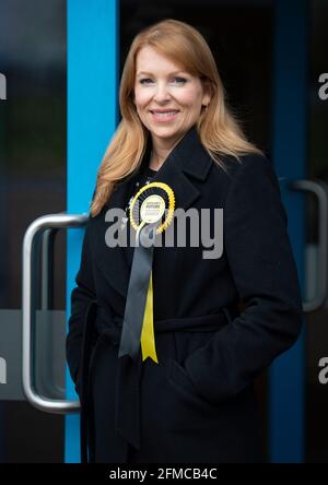 Candidato SNP per Edinburgh Eastern, Ash Denham arriva al conteggio delle elezioni parlamentari scozzesi all'Ingliston Highland Centre, Edimburgo. Data immagine: Sabato 8 maggio 2021. Foto Stock