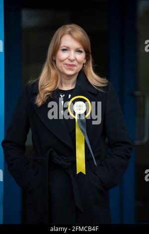 Candidato SNP per Edinburgh Eastern, Ash Denham arriva al conteggio delle elezioni parlamentari scozzesi all'Ingliston Highland Centre, Edimburgo. Data immagine: Sabato 8 maggio 2021. Foto Stock