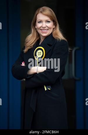 Candidato SNP per Edinburgh Eastern, Ash Denham arriva al conteggio delle elezioni parlamentari scozzesi all'Ingliston Highland Centre, Edimburgo. Data immagine: Sabato 8 maggio 2021. Foto Stock