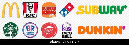 Vinnytsia, Ucraina - 4 maggio 2021: Top Logos 10 QSR e fast casual ristoranti. McDonalds, KFC, Burger King, Domino's, Starbucks, Baskin Robbins, Pizz Illustrazione Vettoriale