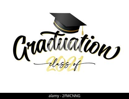 Graduazione 2021, scritta dorata con tappo accademico quadrato. Сlass di 2021, concetto di congratulazioni per il partito o l'università di disegno della scuola superiore. Scheda vettoriale Illustrazione Vettoriale
