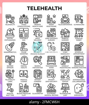Icone della linea di concetto di TeleHealth impostate in stile moderno per ui, ux, web, app, brochure, progettazione di volantini e presentazioni, ecc. Illustrazione Vettoriale