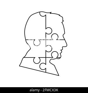 Black dettagliato mans viso profilo composto da sei puzzle pezzi su bianco Illustrazione Vettoriale