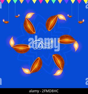 Happy Diwali Festival saluto layout con lampade tradizionali diya. Splendido sfondo con elementi decorativi indiani. Illustrazione Vettoriale