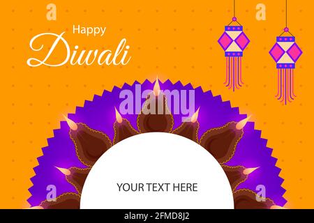 Happy Diwali Festival saluto layout con lampade tradizionali diya. Splendido sfondo con elementi decorativi indiani. Illustrazione Vettoriale