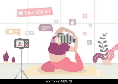 Donna di bellezza seduta in posa yoga. Corpo positivo ragazza fa blog su stile di vita sano e sportivo. Fotocamera su treppiede. FAT femmina vlogger Charact Illustrazione Vettoriale