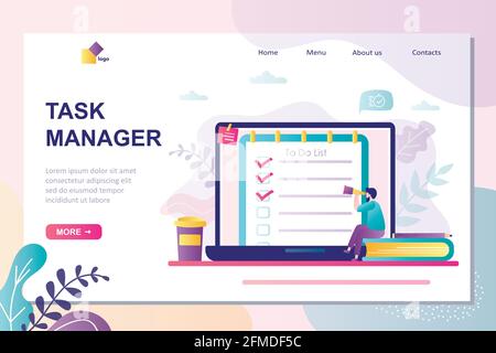 Modello della pagina di destinazione di Task Manager. Gestione del tempo, lavoro di pianificazione di uomini d'affari e programma di controllo. Per fare il pianificatore di lista e il carattere maschio bello. Spento Illustrazione Vettoriale