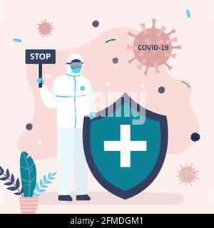 Medico in speciale uniforme protettiva. Lavoratore medico che tiene grande scudo di sicurezza. Protezione e controllo di virus e batteri. Carattere umano in t Illustrazione Vettoriale