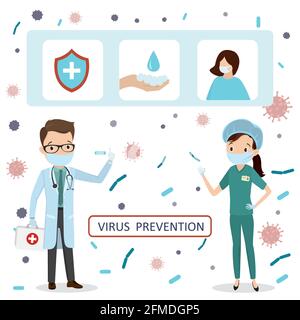 Concetto di prevenzione dei virus. Carte con protezione di sicurezza, indossare una maschera protettiva e lavare le mani con sapone. Due medici cartoni animati in uniforme. Assistenza sanitaria ba Illustrazione Vettoriale