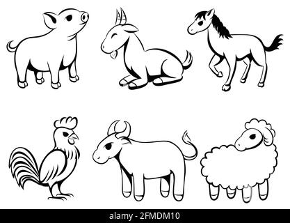 Set di sei immagini vettoriali di cartoni animati art di varie Animali da fattoria ci sono maiali capre cavalli polli vacche e. pecora Illustrazione Vettoriale