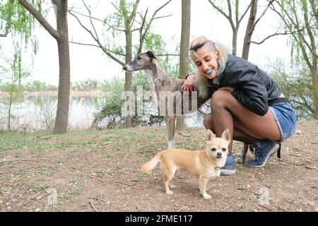 Giovane punk donna con i suoi cani in un parco. Cani Greyhound e chihuahua. Foto Stock