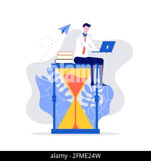 Giovane uomo d'affari seduto sulla clessidra e che lavora con il suo laptop. Gestione del tempo, multitasking, produttività, pianificazione e concetto di scadenza. Moder Illustrazione Vettoriale