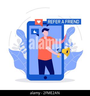 Segnala un concetto di amico con smartphone e megafono. Le persone condividono informazioni sul rinvio e guadagnano denaro. Adatto per landing page Web, ui, app mobile, Illustrazione Vettoriale