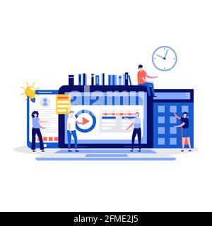 Concetto di formazione online con i personaggi degli studenti. Illustrazione vettoriale moderna in stile piatto per landing page, app mobile, poster, banner, volantino, templ Illustrazione Vettoriale