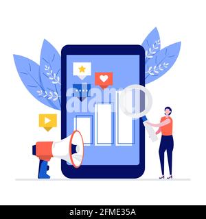 Concetto di marketing digitale con personaggi. Illustrazione vettoriale moderna in stile piatto per landing page, app mobile, poster, volantino, modello, banner web, Illustrazione Vettoriale