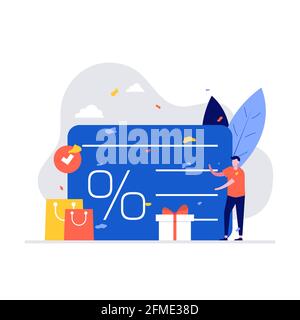 Concetto di illustrazione vettoriale del programma di rimborso e fidelizzazione dei clienti con caratteri e voucher di sconto per gli acquisti. Stile moderno piatto per landing page, t Illustrazione Vettoriale