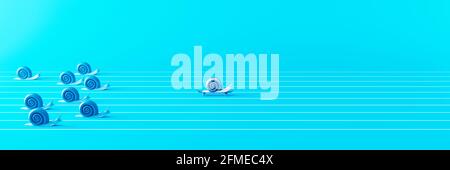 Concetto di concorrenza aziendale. Lumaca sullo skateboard che guida la corsa contro un gruppo di lumache più lente 3d rendering illustrazione 3d Foto Stock