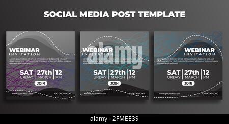 Set di modelli di post sui social media. Banner di invito al webinar con design in colore nero. Buon modello per la progettazione di pubblicità online. Illustrazione Vettoriale