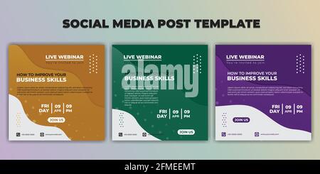 Modello di post sui social media. Set di social media con design a scelta del colore. Illustrazione vettoriale del banner di invito al webinar. Buon modello per il banner online a. Illustrazione Vettoriale