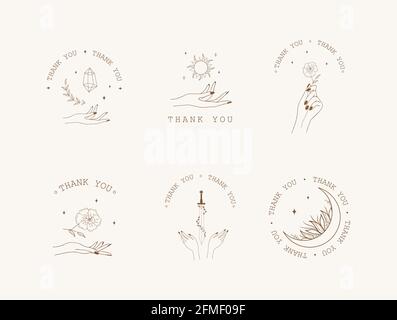 Set di boho grazie badge, etichette e adesivi. Grazie per le icone degli ordini. Illustrazione vettoriale moderna in stile lineare. Utilizzare per etichette, tessuti Illustrazione Vettoriale