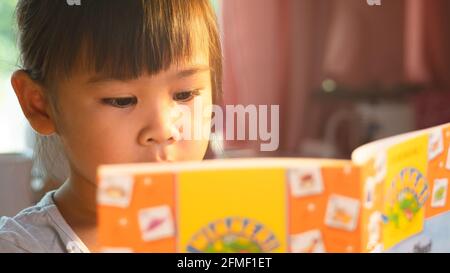 Una ragazza carina che legge un libro siede sul tavolo a casa. Rimani a casa per la quarantena da pandemia di coronavirus. Concetto di homeschool. Foto Stock