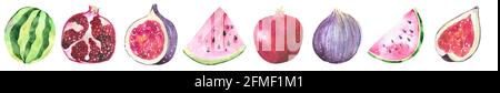 Collezione di frutta dipinta in acquerello. Elementi di disegno di alimenti freschi disegnati a mano isolati Foto Stock
