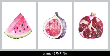 Set di icone colorate di frutta cartoni animati: mela, pera, fragola, arancio, pesca, susina, banana, anguria, ananas, papaya, uva, ciliegia, fico Foto Stock