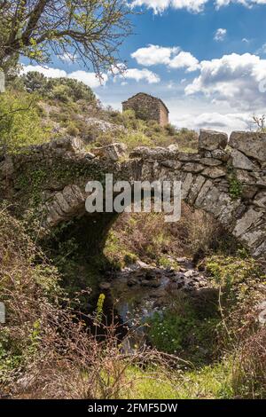 Un piccolo ponte genovese su un ruscello nella Balagne Regione della Corsica con un antico casale in pietra la distanza Foto Stock