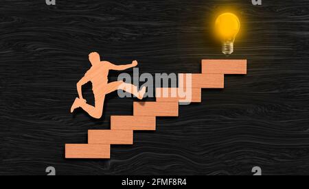 Grafico ascendente del giovane uomo per raggiungere la lampadina incandescente sulla parte superiore (la sua realizzazione di idea), il concetto di processo di successo, il raggiungimento degli obiettivi Foto Stock