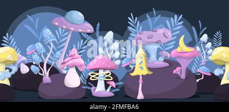 Funghi magici vettoriali. Spazio funghi cartoni animati. Vivide illustrazioni dello spazio con piattini volanti, pianeti e stelle. Composizione rettangolare quadrata Illustrazione Vettoriale