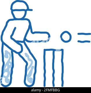 Cricket Player lancio palla doodle icona mano illustrazione disegnata Illustrazione Vettoriale