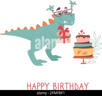 Carino tirannosauro rex su un biglietto d'auguri. Dino in occhiali da sole con palme che fanno un regalo. Vacanza dei dinosauri, torta. Divertente cartolina vettoriale per bambini, sfondo bianco Illustrazione Vettoriale