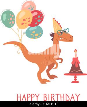 Allegro Velociraptor con una torta di compleanno con una candela e palloncini. Buona carta di compleanno. Dino in occhiali da sole a forma di cuore e un cappuccio. Vacanza dei dinosauri, biglietto d'auguri vettoriale divertente, sfondo bianco. Illustrazione Vettoriale