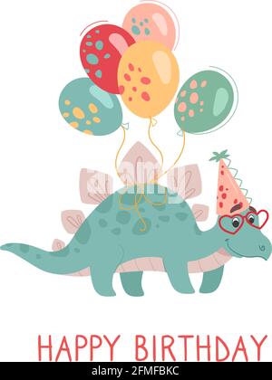 Divertente stegosauro verde su un biglietto d'auguri. Dinosauro festivo con palloncini che indossano occhiali da cuore. Cartoline vettoriali per la stampa, sfondo bianco. Illustrazione Vettoriale
