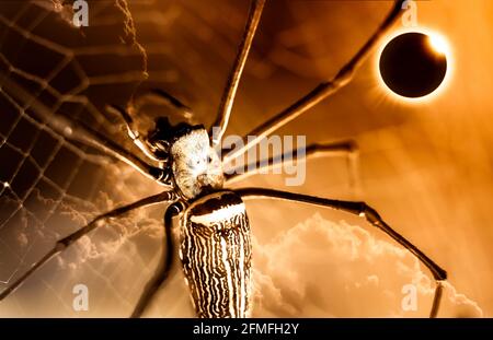 Closeup di ragno su spiderweb e totale eclissi solare che brilla su cielo arancione. All'aperto di notte. Foto Stock