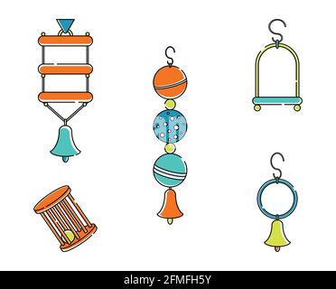 Set di luxe line art illustrations giocattoli per uccelli, pappagalli, canarini Illustrazione Vettoriale