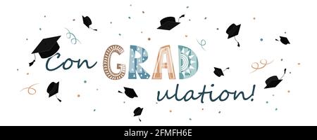 Congratulazioni per il banner di graduazione, berretto graduato con scritta a gradazione in stile scandinavo. Biglietto d'auguri per la festa di laurea Illustrazione Vettoriale