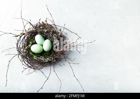 Uova di Pasqua in nido naturale con muschio e ramoscelli di salice su fondo bianco di cemento. Vista dall'alto. Spazio per il testo. Foto Stock