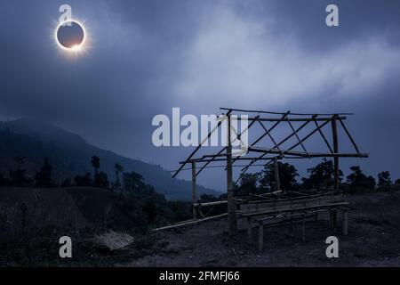 Incredibile fenomeno scientifico naturale. La Luna che copre il sole totale eclissi solare con effetto anello di diamante che illumina su cielo blu sopra bambù piccolo Foto Stock