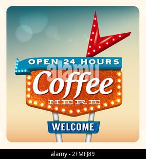 Scritta caffè retro Neon in stile americano roadside pubblicità vintage stile anni '50 Illustrazione Vettoriale
