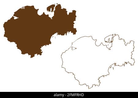 Distretto di Nordwestmecklenburg (Repubblica federale di Germania, distretto rurale, Stato del Meclemburgo-Vorpommern, Pomerania occidentale o ovest) mappa vettore illu Illustrazione Vettoriale