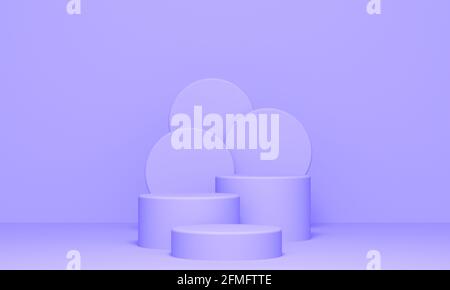 Tre podi per cosmetici su fondo lilla con forme rotonde. rendering 3d Foto Stock