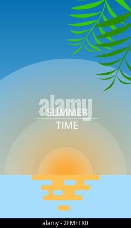 Abstract estate sfondo design in vendita, banner, poster. Foglie di palma piatte, giorno di sole, vacanza. Illustrazione Vettoriale