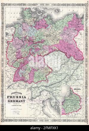 Carta vintage in rame incisa della Prussia e della Germania dal 19 ° secolo. Tutte le mappe sono splendidamente colorate e illustrate mostrando il mondo in quel momento. Foto Stock