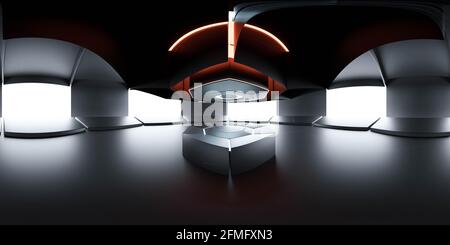 vista panoramica completa su 360 sfere dell'edificio futuristico stui con il podio più pocio per la presentazione del prodotto rendering 3d illustrazione hdri hdr vr Foto Stock