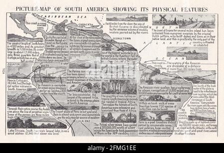 Mappa fotografica d'epoca del Sud America che mostra le caratteristiche fisiche degli anni '40. Foto Stock