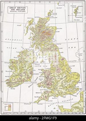 Mappa d'epoca della Gran Bretagna e dell'Irlanda - caratteristiche fisiche anni '30. Foto Stock